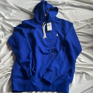 Blue polo hoodie.